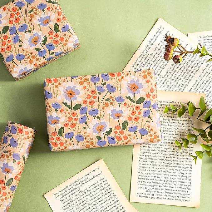 WRAPAHOLIC Kraft Floral Wrapping Paper Roll - Mini Roll - 17 Inch x 9.8 Feet - Watercolor Flower Wrapping Paper, Perfect for Wedding, Birthday, Bridal Shower, Tea Party