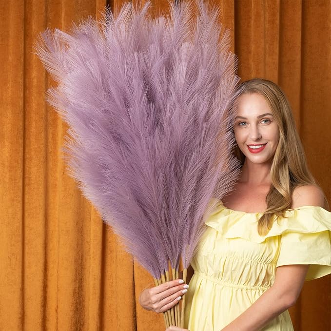 EVODIS Pampas Grass Decor Tall, 43"/110cm Faux Pampas Grass 6 Stems Large Pompass Grass Branches Tall Bulk Boho Flower Arrangement for Home Room Wedding Party Decor (Light Purple)