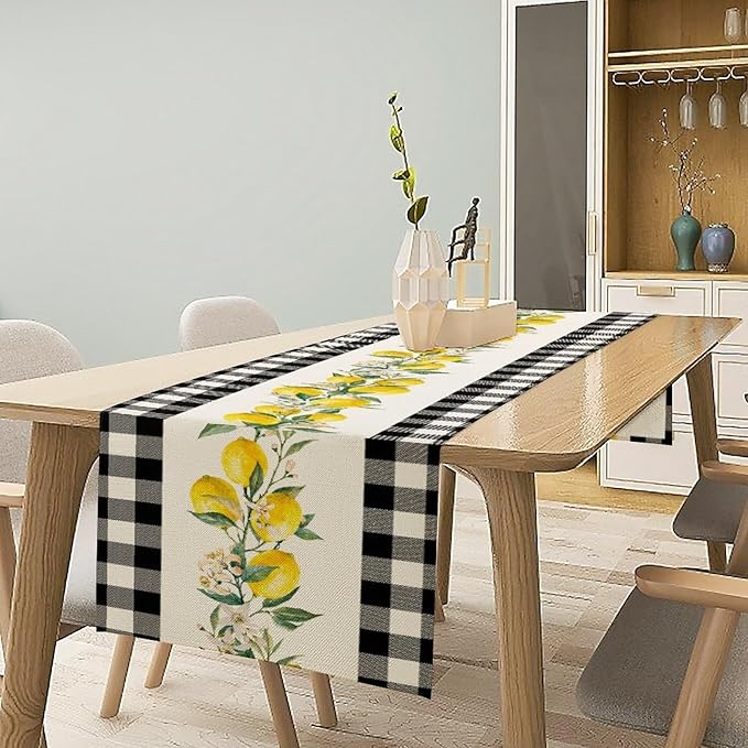 Lemon Table Runner,Black Buffalo Plaid Lemon Table Runner Farmhouse Style Spring Summer Home Kitchen Dinding Room Table Decoration 13x36 Inch