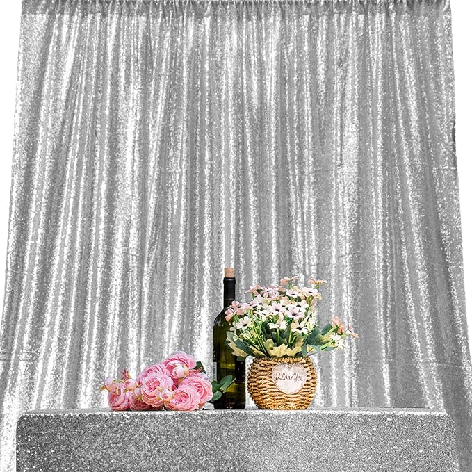 JYFLZQ Silver Sequin Backdrop Curtains 10ft x 10ft 1 Panel Glitter Photo Booth Backdrops Sparkly Photography Background Drapes for Parties Wedding Bridal Showers