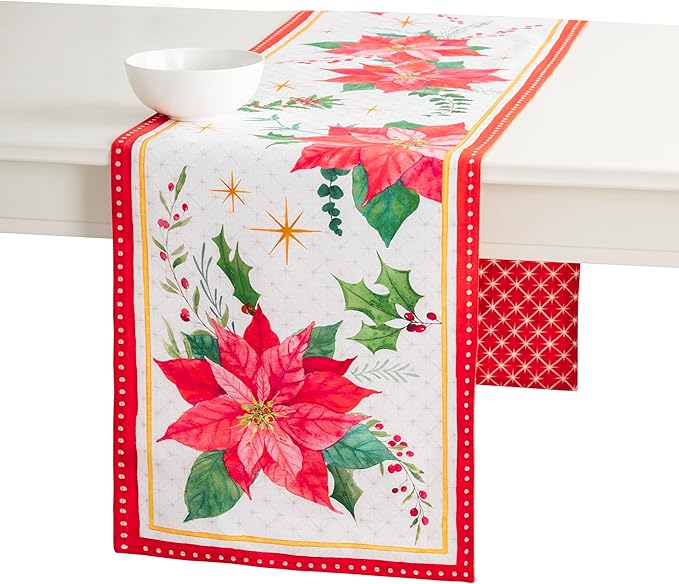 Maison d' Hermine Table Runner 100% Cotton Double Layer Table Runners 108 inches Long for Thanksgiving Christmas Decorations Home Kitchen Dining Party Wedding (Poinsettia Christmas, 14.5" x 108")