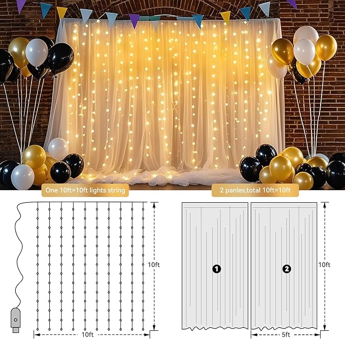 Ledido 10×8ft Tulle Backdrop Curtains with Lights String - 300LED Fairy Lights Sheer Curtain Backdrop for Weddings Baby Shower and Birthday Party Decorations(8 Panels 5×8ft)