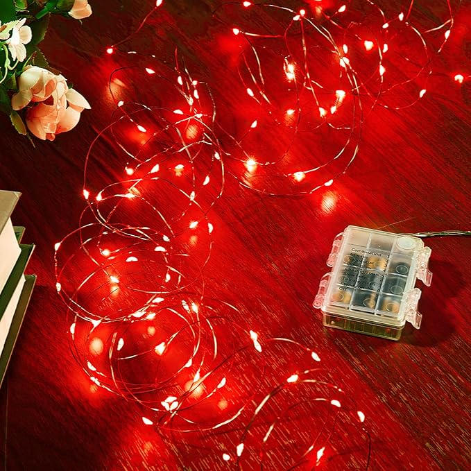1 Pack 16.4 Ft. Battery Operated Outdoor String Lights with Remote & Timer, LED Red Fairy Lights, Waterproof Twinkle Lights for Bedroom, Dorm, Mason Jar, Wedding, Party, Christmas