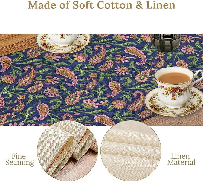 Colorful Paisley Floral Table Runner, Vintage Pink Purple Flowers Green Plants Leaves Print Table Runner for Kitchen Dining Table Indoor Outdoor Home Party, 13x90inch