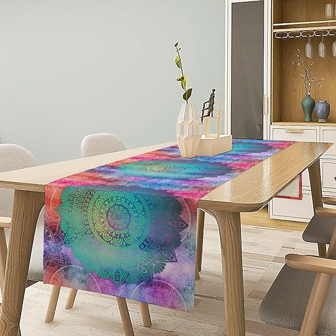 Green Mandala Table Runner, Bohemian Vintage Colorful Exotic Colorful Floral Print Table Runner for Wedding Dining Table Holiday Party Kitchen Home Decor, 13x70inch