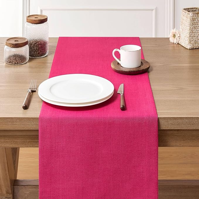 ZeeMart Linen Textured Border Table Runner, 14 x 48 Inch Hot Pink, Farmhouse Style Pink Table Runners 48 Inches Long, Easy Care Everyday Polyester Table Runner