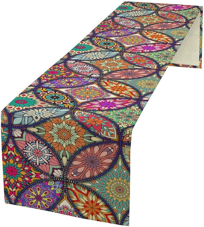 Boho Floral Table Runner,Colorful Flower Retro Bohemian Table Cloth Kitchen Dining Table Home Party Decoration 13x72 Inch