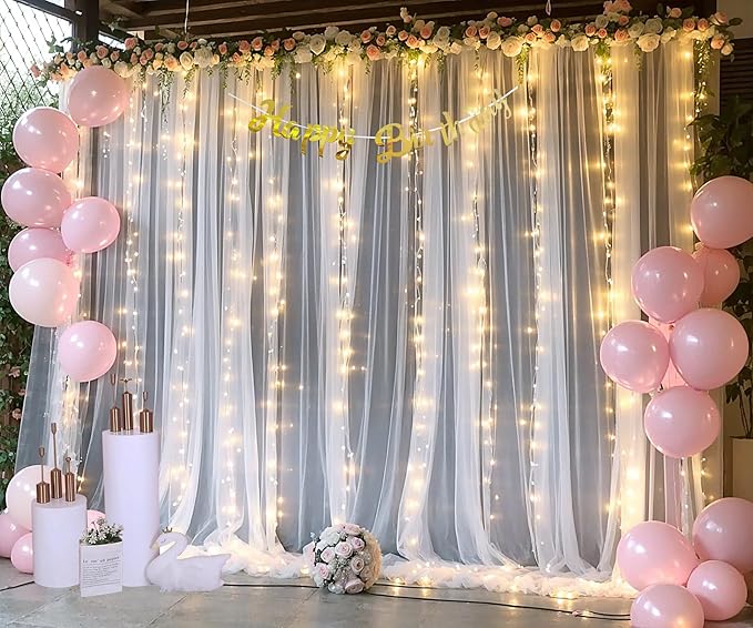White Tulle Backdrop Curtain with Lights String for Parties Wedding Bridal Shower Sheer White Curtain Backdrop for Birthday Baby Shower Photo Booth Photography Background Decorations 20ft x 8ft