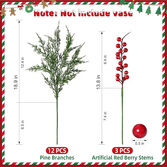 Artificial Norfolk Pine Branches Set, 12 Cedar Stems and 3 Red Berry Stems