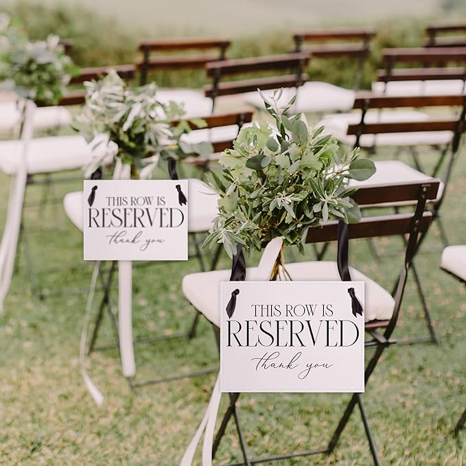 Ritzy Rose Set of 2 Reserved Row Sign for Wedding Ceremony Chairs or Events - Thick Paper Banner for Seating - White Linen Cardstock with Black Font and Black Satin Ribbon - 11x8.5 inches