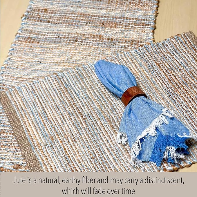 Chardin home Natural Jute Table Runner 13x48 Inch – Vintage Boho Rustic Table Decor – Handwoven Table Runner in Natural Jute and Sky Blue-White – Farmhouse Dining or Console Table Accent