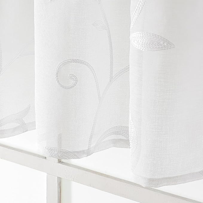 VISIONTEX Sheer Voile Curtain Valances, Decorative Leaves Embroidered, Rod Pocket Window Treatment for Kitchen/Rustic Bedroom/Living Room (54 x 16 Inch,1 Panel)