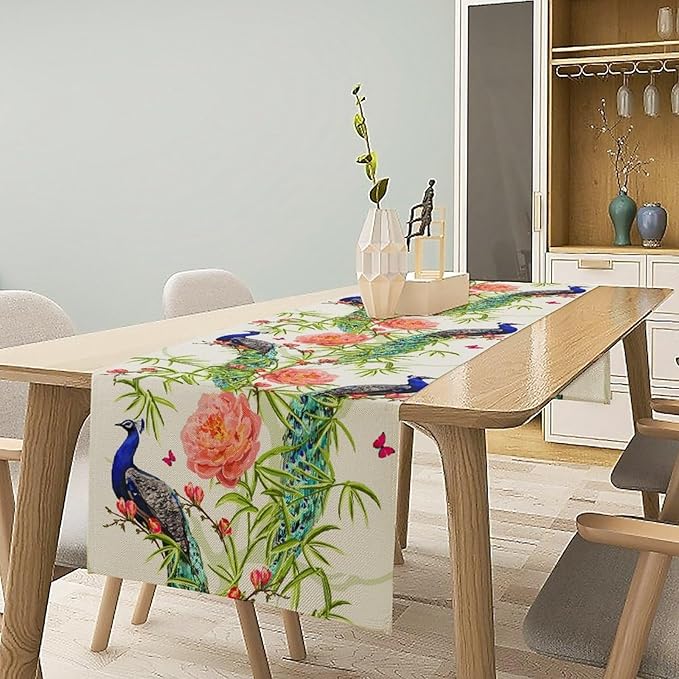 Peacock Table Runner,Seasonal Flower Plants Peacock Birds Table Runner for Home Kitchen Dining Party Indoor Outdoor Decoration 13x108 Inch