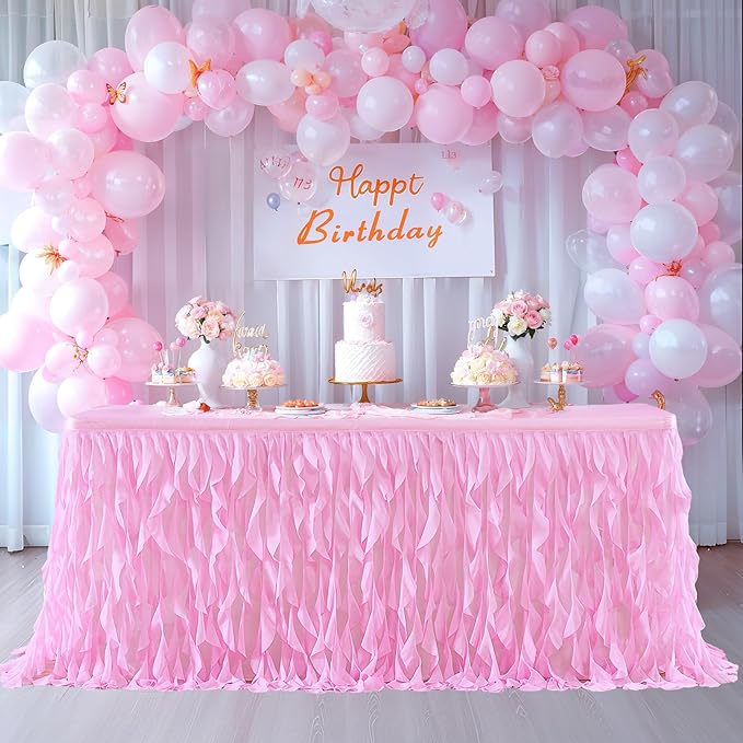 PARTISKY Pink Tulle Curly Willow Table Skirt for Rectangle Table 17ft, Ruffle Tutu Table Cloth for Girls Baby Shower,Birthday Party Candy Cake Tables
