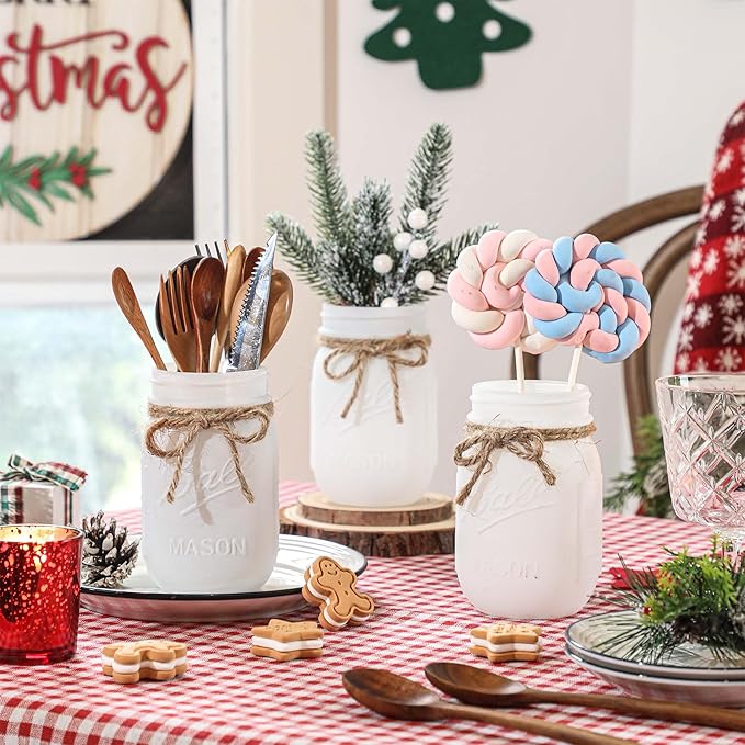 Mason Jars by Winter White, White Centerpieces & Wood Tray, 3 Decorative Jars for Home Table Decor, Farmhouse Dining Table & Kitchen Decorations