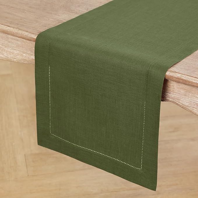 Solino Home Linen Olive Table Runner 72 Inches Long - 100% Pure Linen Hemstitch Table Runner 14 x 72 Inch for Dresser, Dining, Fall, Autumn, Thanksgiving - Classic Hemstitch