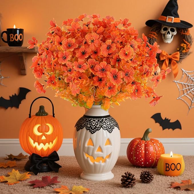 AmyHomie 16 Bundles Orange Artificial Fall Flowers for Outdoors Fall Decor UV Resistant Fake Mums Flowers No Fade Fake Plastic Plants Garden Porch Window Box Decorating