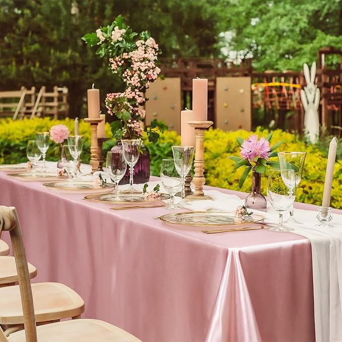 TURSTIN 4 Packs Rose Gold Satin Tablecloth 102 x 58 Inch Overlay Satin Table Cover Rectangle Bright Silk Tablecloth Smooth Fabric Table Decoration for Wedding Banquet Party Events