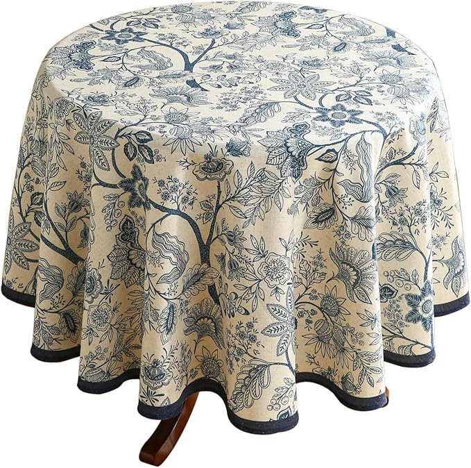 ISAENNE Designer French Linen Round Tablecloth,Blue Floral Washable Indoor Table Cloth,Durable Home Decor Tablecloths for Dining Thanksgiving Kitchen Party Christmas,Diameter 67"-Ruyi B