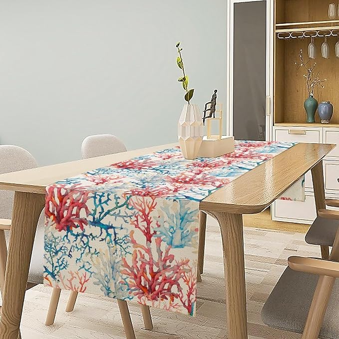 Blue Beach Table Runner, Tropical Ocean Coast Table Runner, Seashell Seasonal Nautical Restaurant Coffee Table Decorations for Home Holiday Party Indoor Outdoor 13x36 Inch
