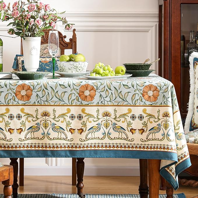 patdrea Designer French Linen Blue Tablecloth for Rectangle Table,Vintage Floral Table Cloth,Colorful Decoration Fall Cover Kitchen Dining for Thanksgiving,Tea Party,Christmas,55"x87"-Wensel