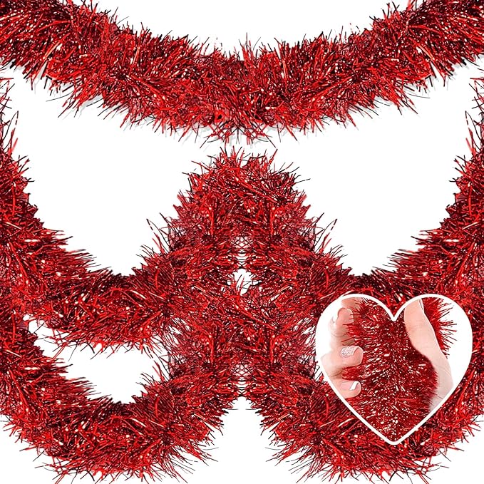 25 Feet Metallic Twist Tinsel Garland - Wall Hanging Backdrop for Parade Floats, Christmas Eve, New Year, Valentine's Day Parties (Red, 4in x 25ft)