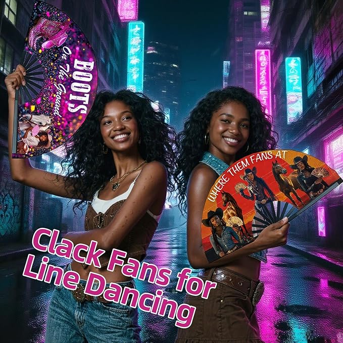 Boots on The Ground Hand Fan,2 Pack Clacking Fans for Line Dancing Folding Hand Classic,13'' Large Where Them Fans at Line Dance Popping Fan for Dance,Festival,Performance,Party