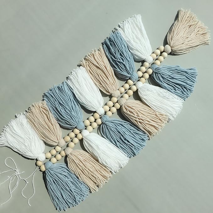Tassels Garland Blue Boho Wall Hanging with Wooden Beads