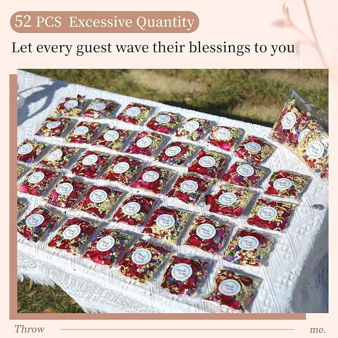 Oning 52 Pack Mix Biodegradable Confetti, Dried Flower Petals, Real Rose Petals for Weddings,Gifts, Wedding Confetti, Wedding Send Off Ideas, Dinner Table Centerpieces