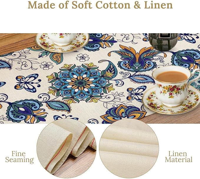 Oriental Paisley Table Runner, Luxury Vintage Blue Teal Floral Butterflies Print Table Runner for Home Dining Kitchen Coffee Table Party Decor, 13x70inch