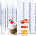 Nuogo 100 Pcs Mini Dessert Cups with Spoons Include 3 oz Square Plastic Appetizer Cups 2.5 oz Slanted Round Parfait Shooter Cup Small Clear Mousse Pudding Cup for Wedding Baby Shower Birthday Party
