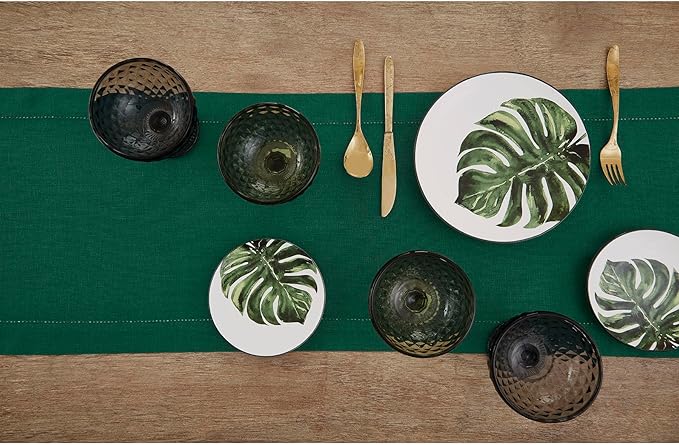 Solino Home Linen Rainforest Green Table Runner 90 Inches Long - 100% Pure Linen Hemstitch 14 x 90 Inch Table Runner for Dining, Fall, Autumn, Thanksgiving, Christmas - Classic Hemstitch
