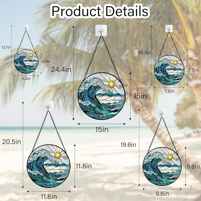 Stained Glass Window Hanging - Blue Green Waves Suncatcher for Door Terrace Garden Home Decor Sunrise Over The Sea Sun Catcher Birthday Gifts for Lovers Women Men Dad Mom Nana 9.8 in