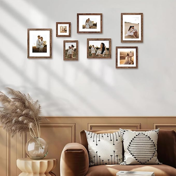 6x6 Picture Frame Set of 4 with Real Glass, Rustic Frames Display 4x4 Picture with Mat or 6 x 6 Without Mat, Wood Square Photo Frame for Wall Mount and Tabletop Display