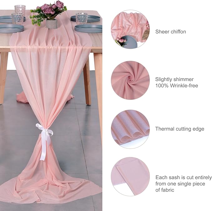 MDS 2 Pack 10ft Chiffon Table Runner 29 x 120 Inches Sheer Wedding Runner Romantic Rustic Table Runner for Wedding Decorations, Birthday Parties, Bridal Shower Party Arch Decor - Dusty Rose