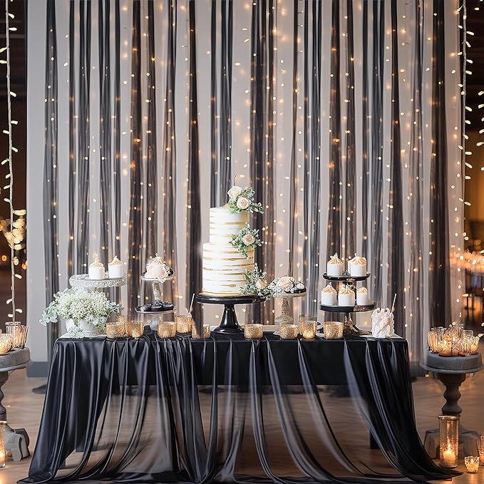 30×10ft Black Tulle Backdrop Curtain with Lights String for Parties, Sheer Curtain Backdrop Drapes for Wedding Party Photography Background