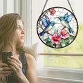 Stained Glass Window Hanging, Blue White Hummingbirds Pink Flowers