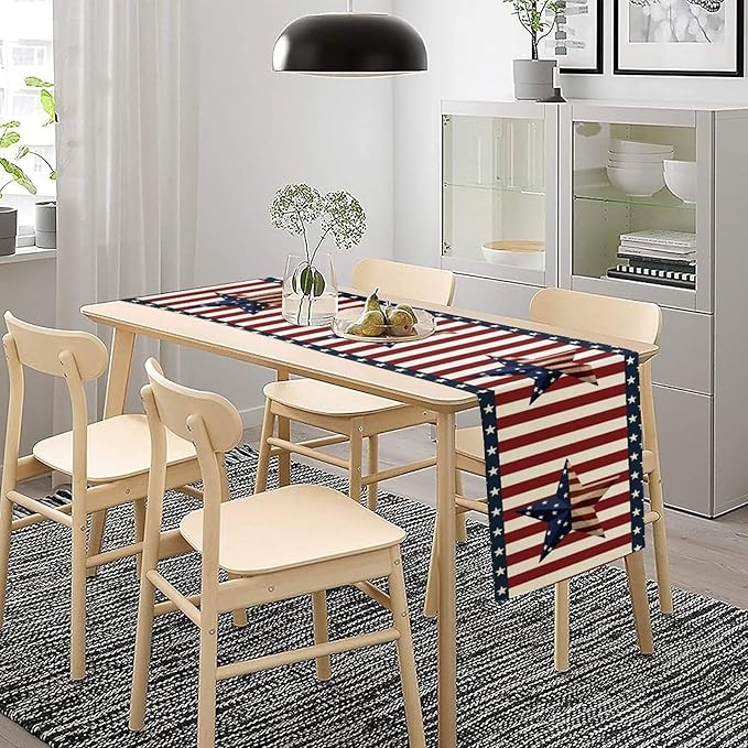 4th of July Table Runner, Patriotic Independence Day American Stars Stripes Flag Print Table Runner for Farmhouse Kitchen Dining Holiday Birthday Party, 13x90inch