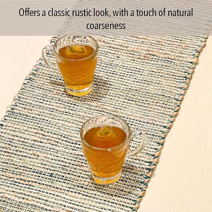 Chardin Home Natural Jute Table Runner 13x72 Inch – Vintage Boho Rustic Table Decor – Handwoven Table Runner in Natural Jute and Green – Farmhouse Dining or Console Table Accent