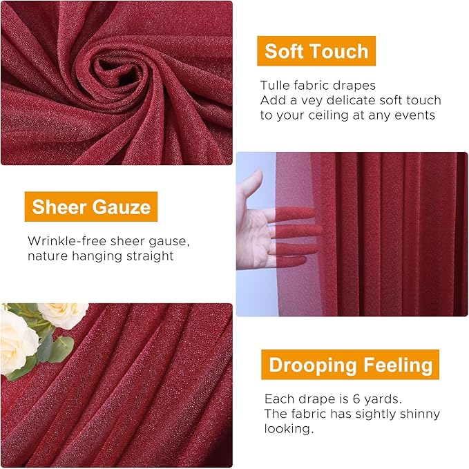 Wedding Arch Draping Fabric 4 Panels 28.7" x 20FT Burgundy Sheer Chiffon Backdrop Drapes for Wedding Ceremony Birthday Party Bridal Shower Outdoor Decoration