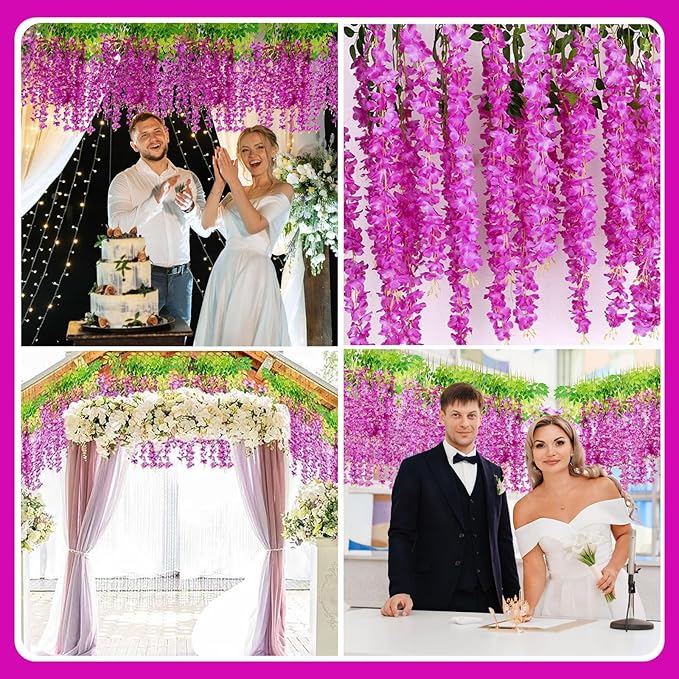 12 Pack Purple Red Wisteria Hanging Flowers Garland with Lights, 3.44 Feet Artificial Flower Vines, Fake Wisteria, Artificial Vines Hanging Garland for Backdrop Outdoor Patio Garden Decor