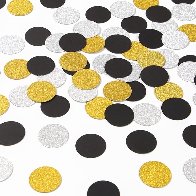 Silver Black Gold Party Decorations - 300Pcs Paper Glitter Confetti Birthday New Years Eve Retirement Graduation Classroom Table Decor Supplies