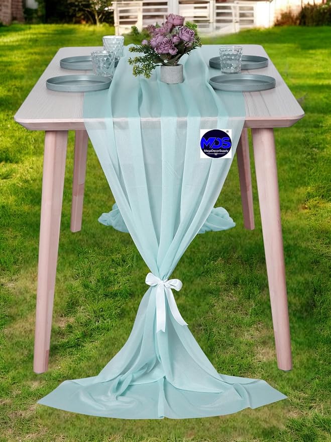 MDS 2 Pack 14ft Chiffon Table Runner 29 x 170 Inches Sheer Wedding Runner Romantic Rustic Table Runner for Wedding Decorations, Birthday Parties, Bridal Shower Party Arch Decor - Teal
