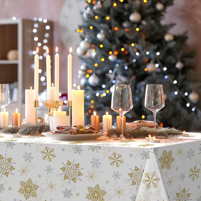 6Pcs Christmas Snowflake Party Tablecloths Decorations,Plastic White and Gold Table Cloth,Winter Rectangle Table Cover for Christmas New Year Birthday Baby Shower Holiday Party Decorations,54x108 inch