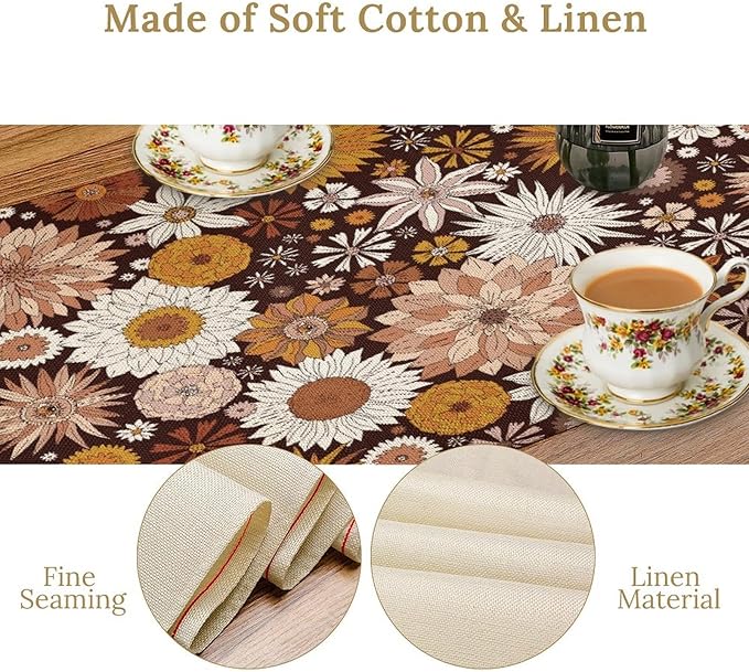 Boho Floral Table Runner, Vintage Country Farmhouse Daisy Flowers Modern Kitchen Dining Room Decoration for Indoor and Outdoor Wedding Party Banquet Table Runner 13x108 Inch