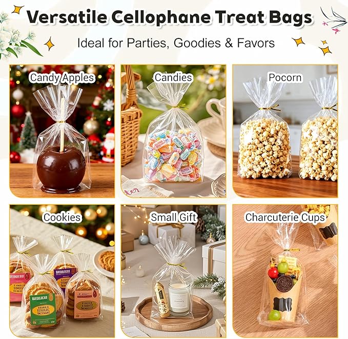 PigPotParty Cellophane Treat Bags 6"x9", 50 Pack Clear Goodie Bags, 2.4" Bottom Gusset for Stand-Up Display, Small Plastic Gift Wrap for Cookies, Candy, Party Favors, Popcorn, Includes 50 Gold Ties