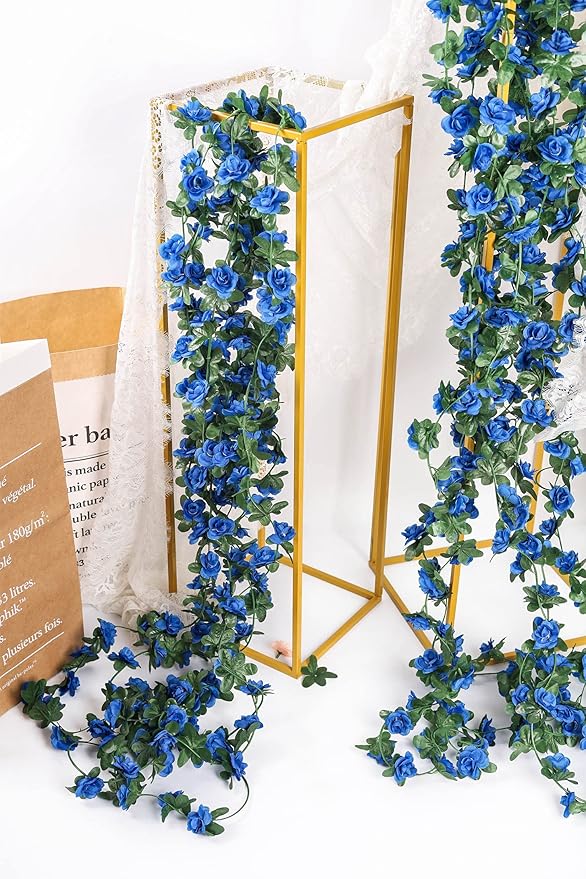 Miracliy 5Pcs 41FT Blue Flower Garland Artificial Rose Arch Vines Fake Spring Floral Garland for Flower Wall Backdrop Wedding Mothers Day Garden Tea Party Decoration