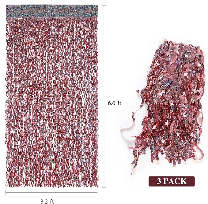 3 Pack 3.3 ft x 6.6 ft Tinsel Curtain -CYLMFC Rose Gold Birthday Backdrop Background for Wedding Graduation Engagement Party Backdrop Decor