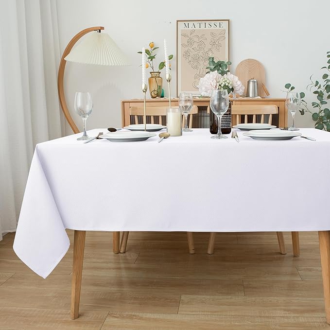 Biscaynebay Fabric Tablecloths 60x108 Inches Rectangular, White Water Resistant Tablecloths for Dining, Kitchen, Wedding and Parties etc. Machine Washable