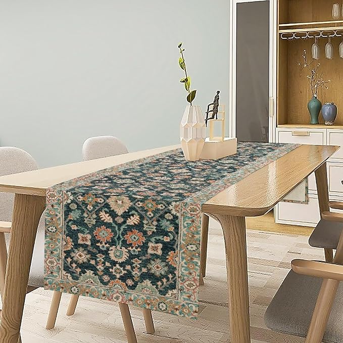 Vintage Boho Floral Table Runner, Rustic Country Farmhouse Blue Teal Red Bohemia Flower Pattern for Home Kitchen Table Decor Dining Coffee Room Party Decor 13x120in